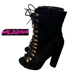 Wild Diva Women's Black Heeled Lace Up Open Toe Zipper Boots 5.5